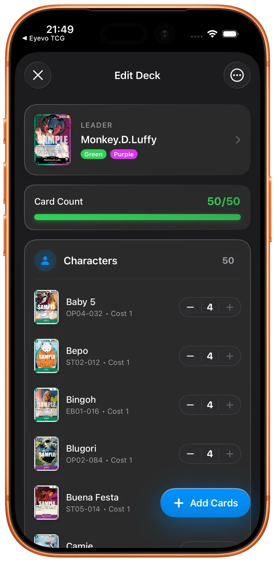 Deck builder in Haki TCG