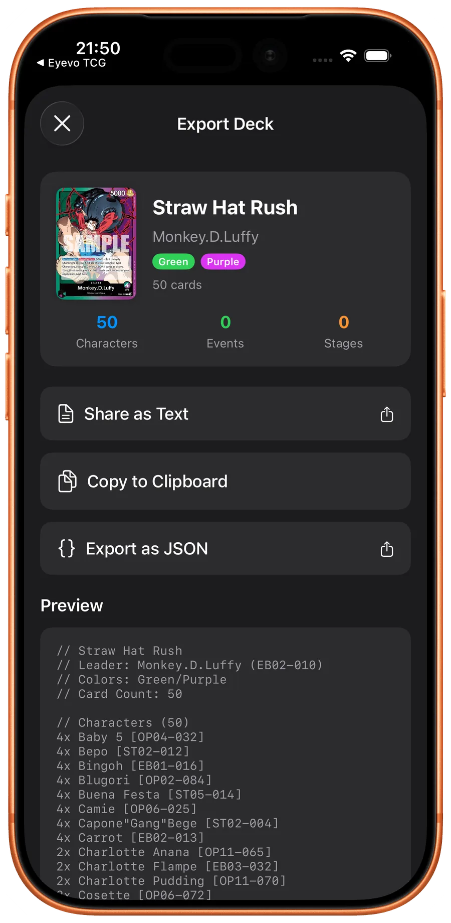 Deck export in Haki TCG